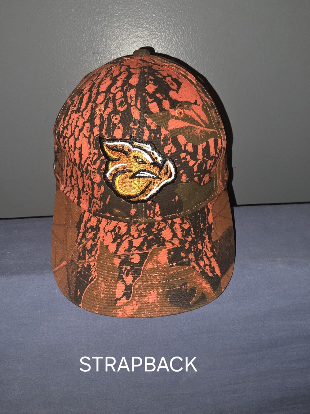 Lehigh Valley Ironpigs Orange Camo Strapback Hat with Embroidered Boar Logo